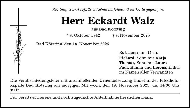 Traueranzeige Eckardt Walz