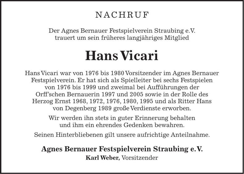 Traueranzeige Hans Vicari