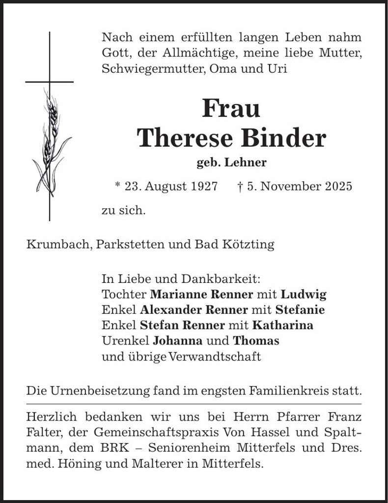 Traueranzeige Therese Binder