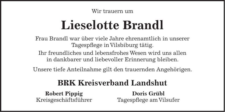 Traueranzeige Lieselotte Brandl