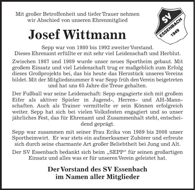 Traueranzeige Josef Wittmann