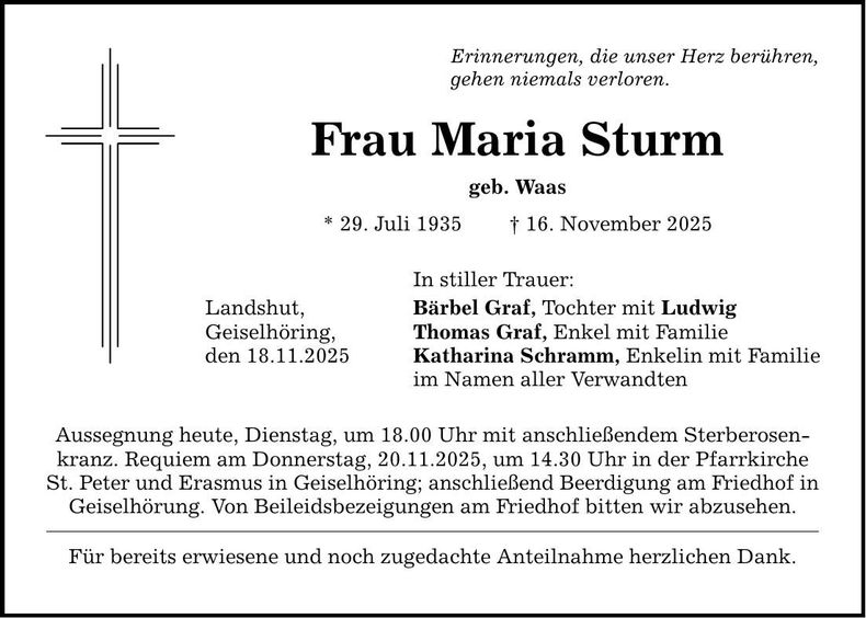 Traueranzeige Maria Sturm