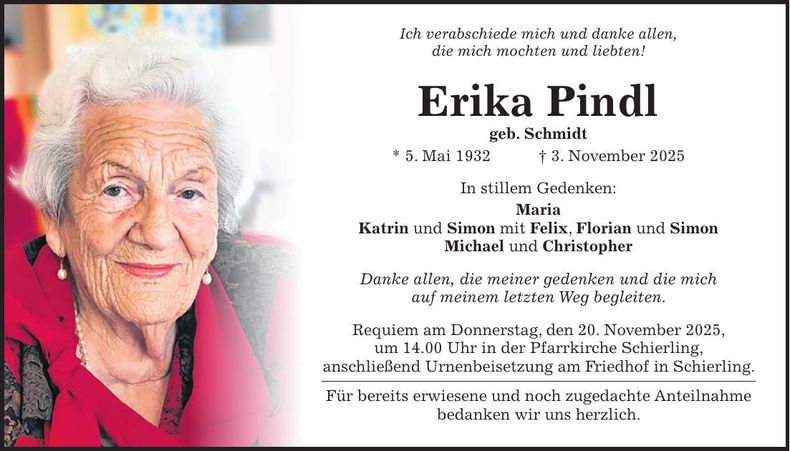 Traueranzeige Erika Pindl