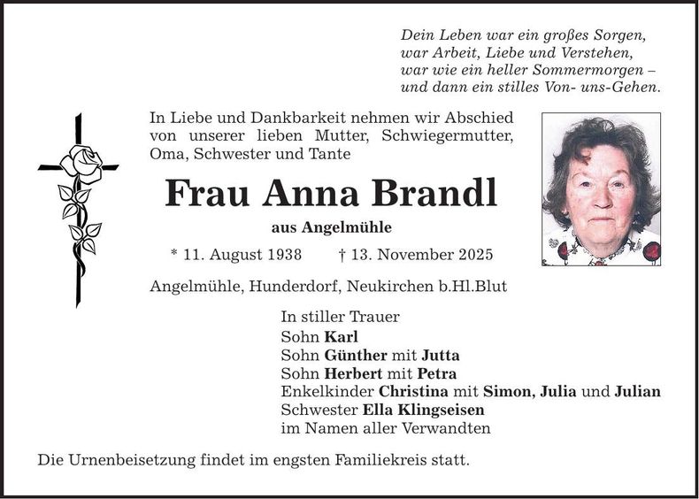 Traueranzeige Anna Brandl