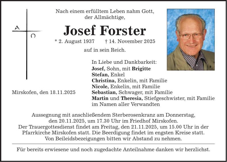 Traueranzeige Josef Forster