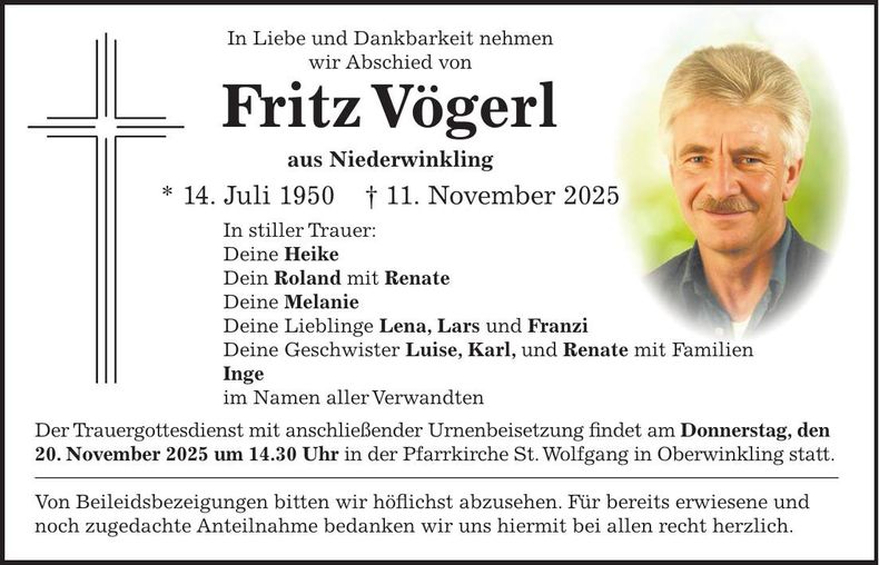 Traueranzeige Fritz Vögerl