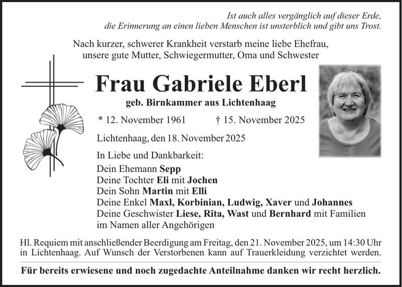 Traueranzeige Gabriele Eberl