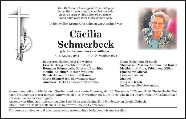Traueranzeige Cäcilia Schmerbeck