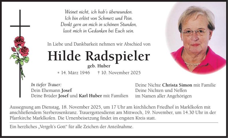 Traueranzeige Hilde Radspieler