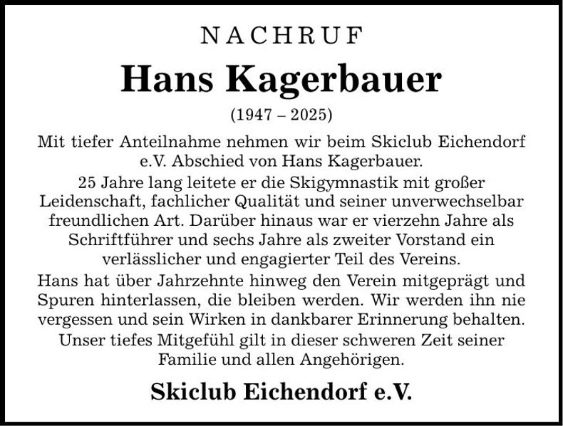 Traueranzeige Hans Kagerbauer