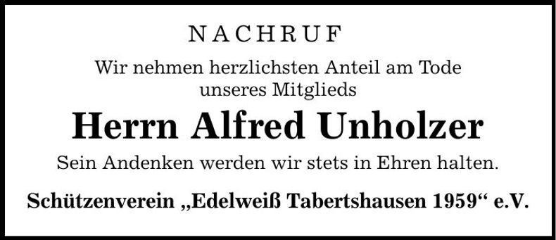 Traueranzeige Alfred Unholzer