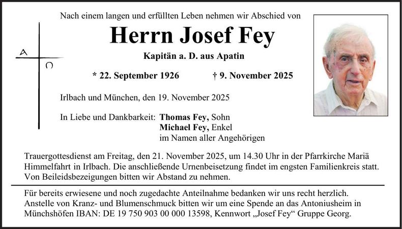 Traueranzeige Josef Fey