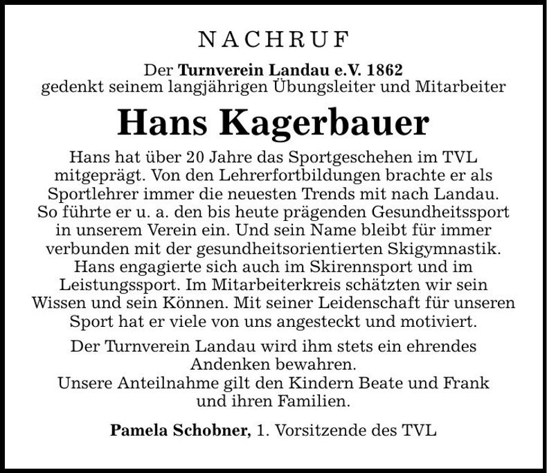 Traueranzeige Hans Kagerbauer