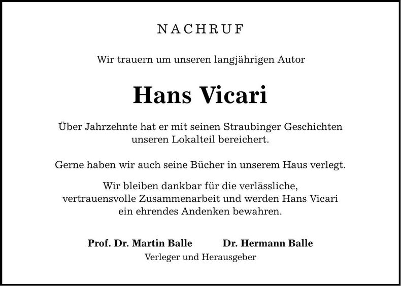 Traueranzeige Hans Vicari