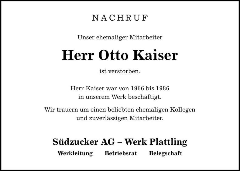 Traueranzeige Otto Kaiser