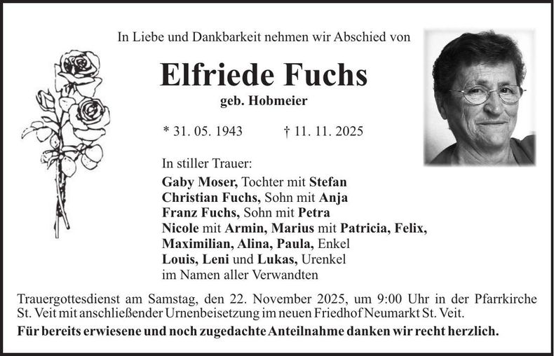 Traueranzeige Elfriede Fuchs