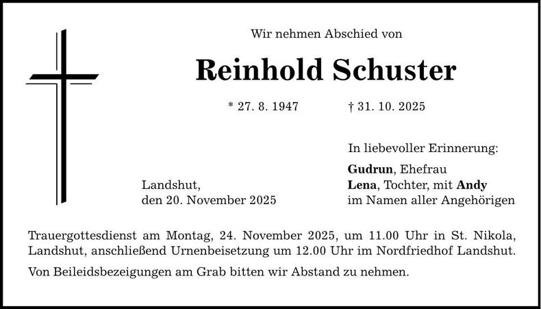 Traueranzeige Reinhold Schuster