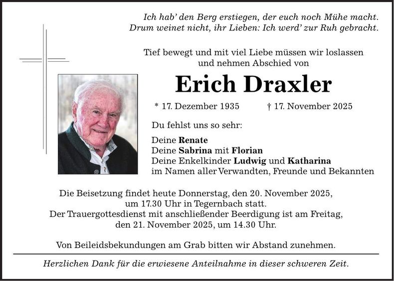 Traueranzeige Erich Draxler