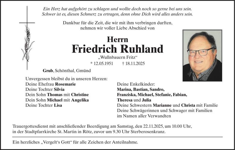 Traueranzeige Friedrich Ruhland