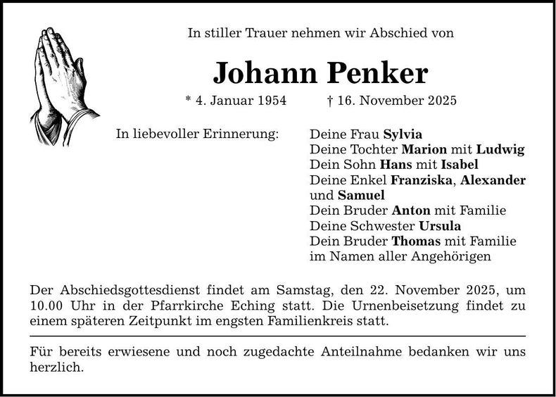 Traueranzeige Johann Penker