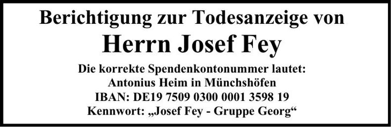 Traueranzeige Josef Fey
