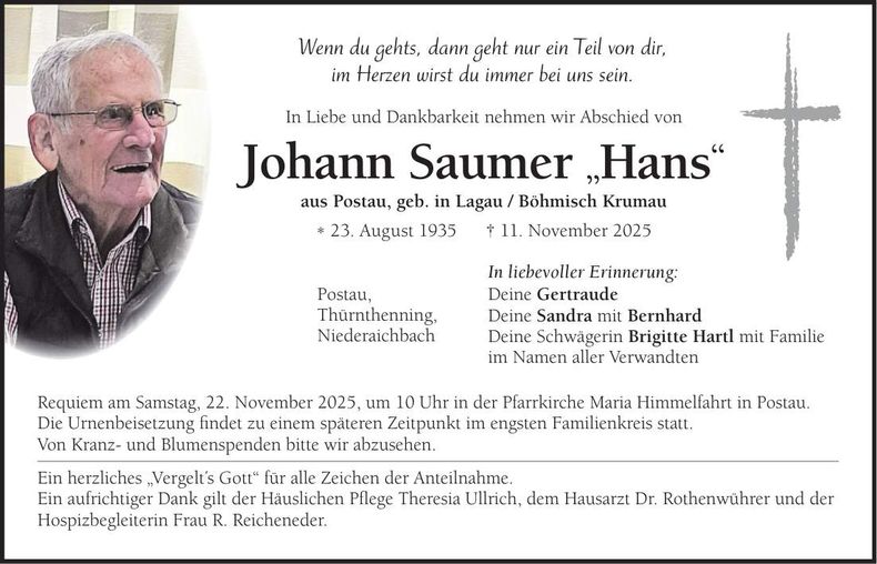 Traueranzeige Johann Saumer