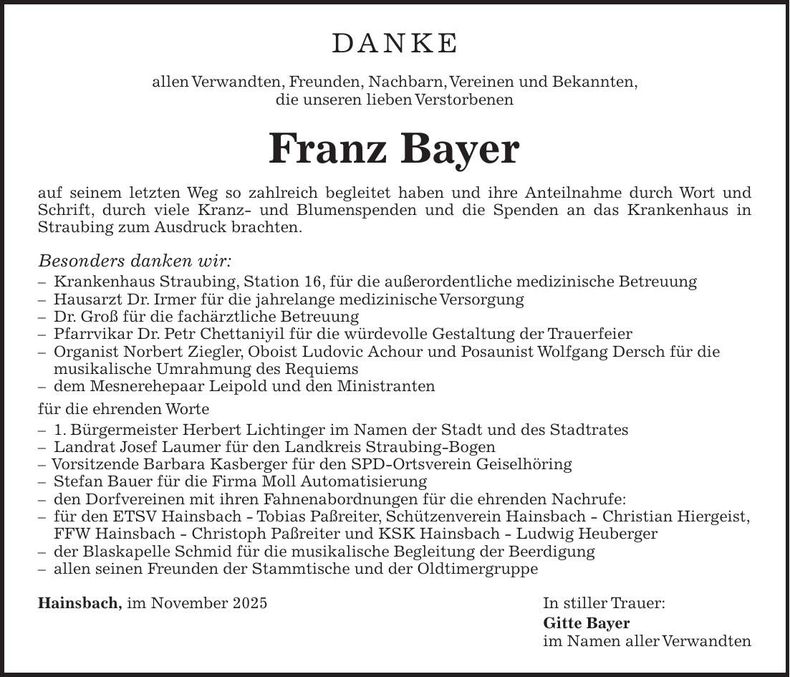 Traueranzeige Franz Bayer