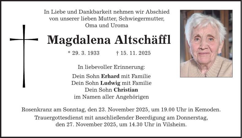 Traueranzeige Magdalena Altschäffl