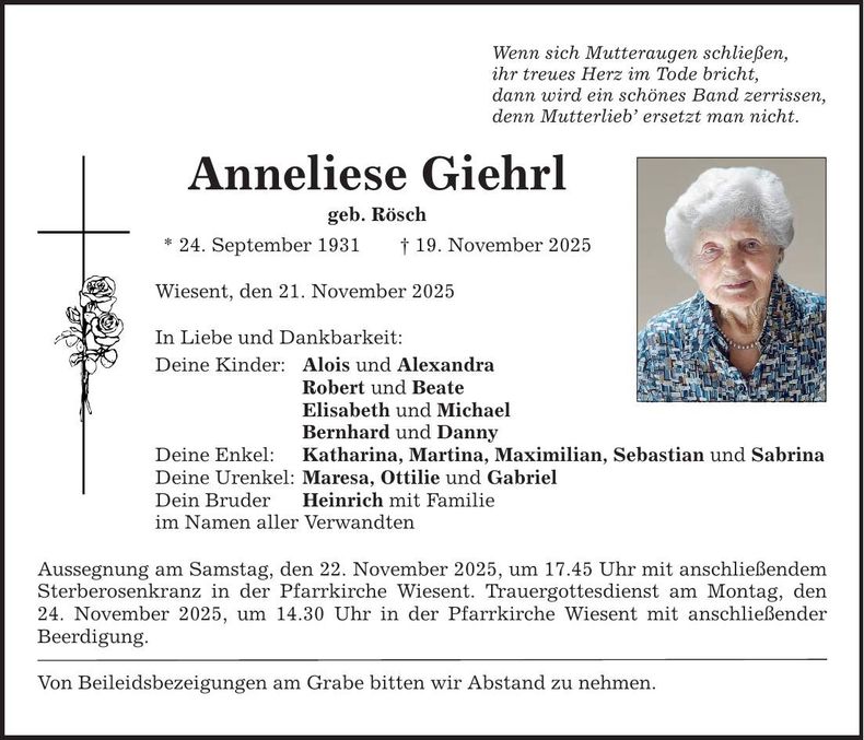 Traueranzeige Anneliese Giehrl