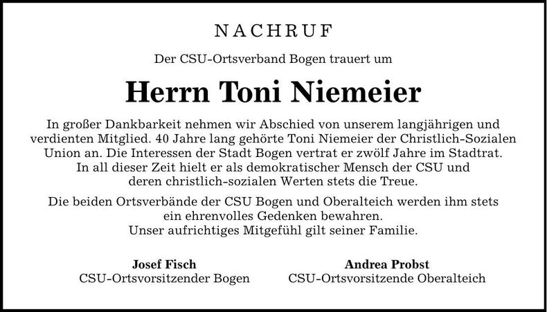 Traueranzeige Toni Niemeier