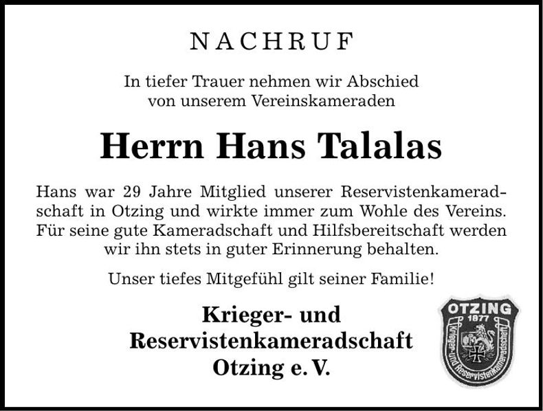Traueranzeige Hans Talalas