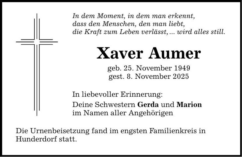 Traueranzeige Xaver Aumer