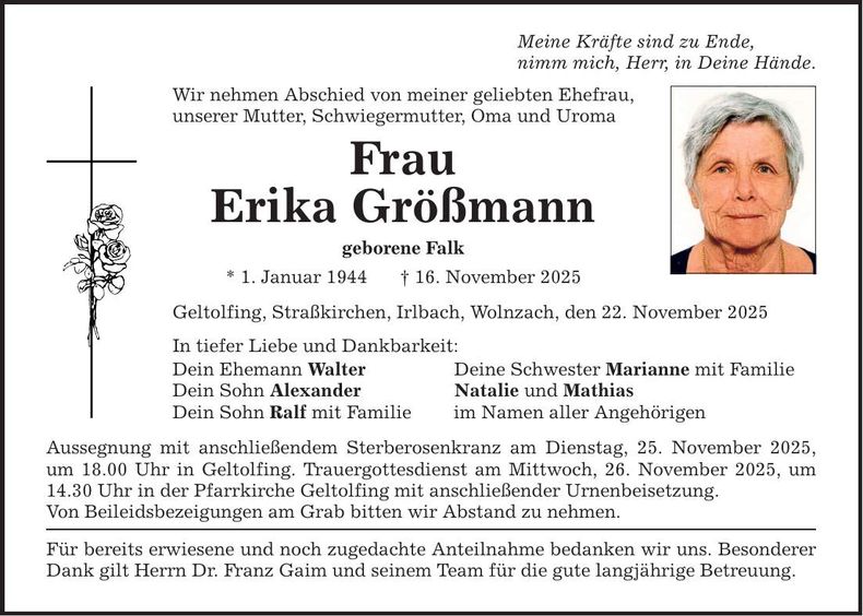 Traueranzeige Erika Größmann