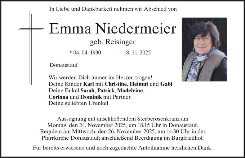 Traueranzeige Emma Niedermeier