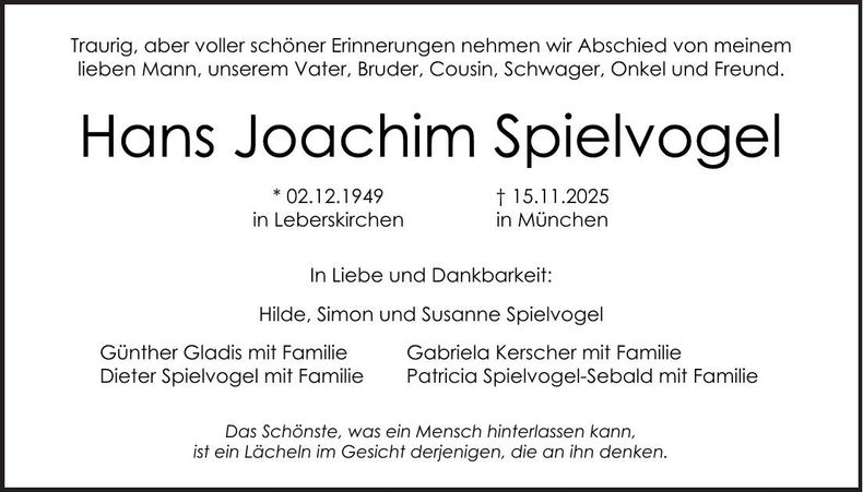 Traueranzeige Hans Joachim Spielvogel