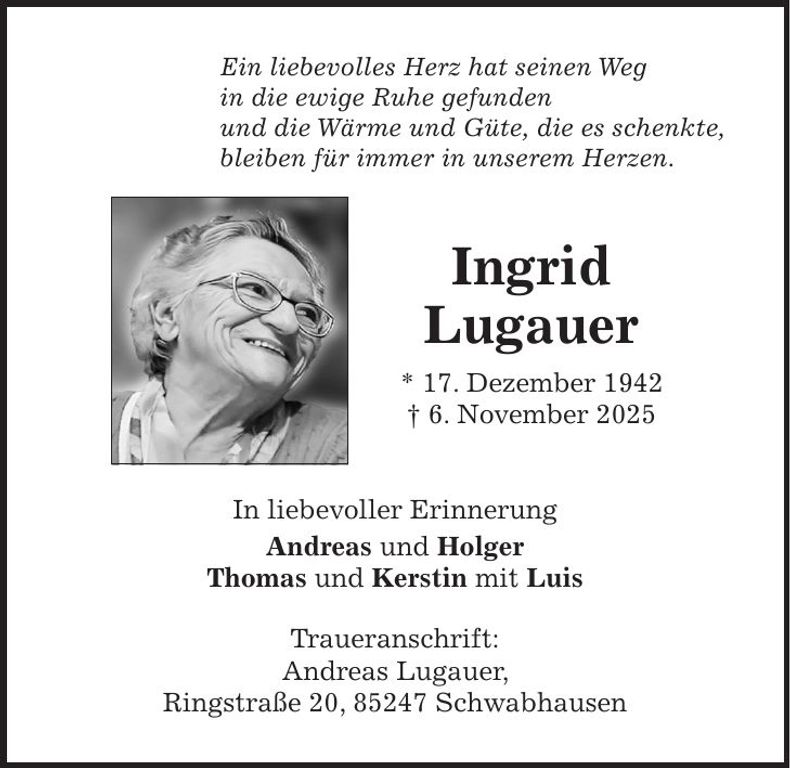Traueranzeige Ingrid Lugauer