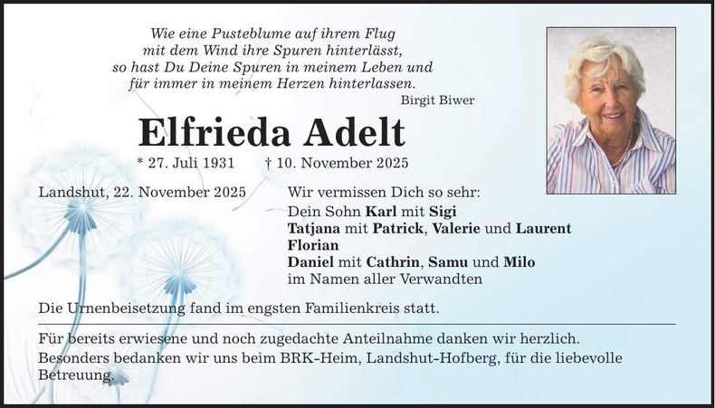 Traueranzeige Elfrieda Adelt