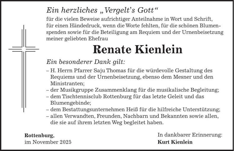 Traueranzeige Renate Kienleinq