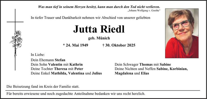 Traueranzeige Jutta Riedl