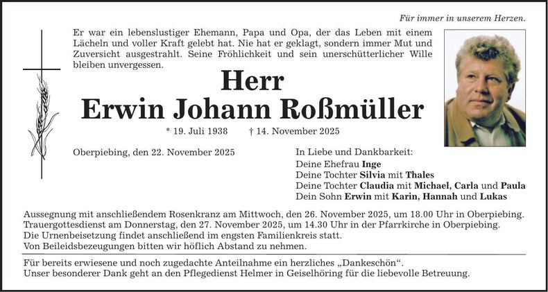 Traueranzeige Johann Roßmüller
