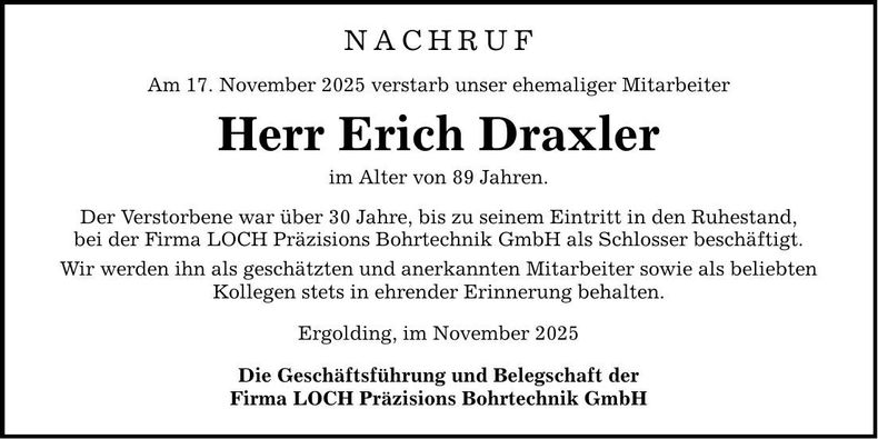 Traueranzeige Erich Draxler