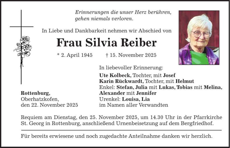 Traueranzeige Silvia Reiber