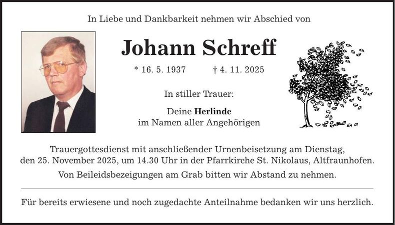 Traueranzeige Johann Schreff