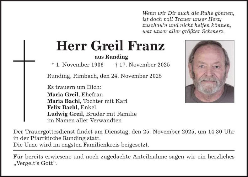 Traueranzeige Franz Greil