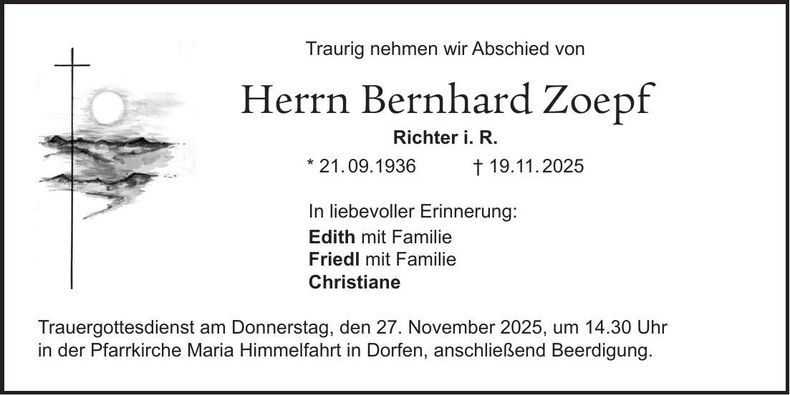 Traueranzeige Bernhard Zoepf