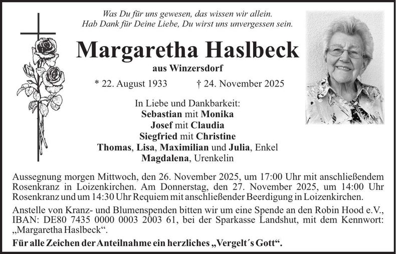 Traueranzeige Margaretha Haslbeck