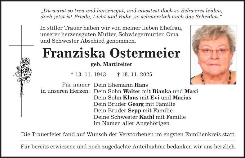Traueranzeige Franziska Ostermeier