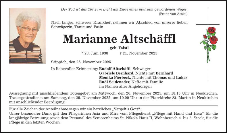 Traueranzeige Marianne Altschäffl
