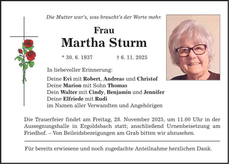 Traueranzeige Martha Sturm