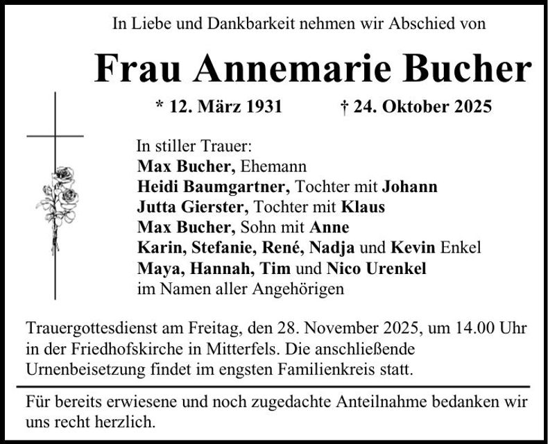Traueranzeige Annemarie Bucher